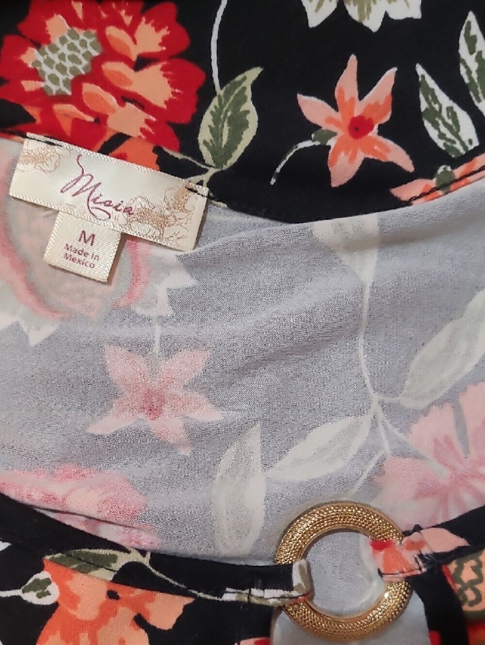 Misia Black Floral Keyhole Tunic Top - Red & Peach Flowers - Size M - Picture 7 of 7